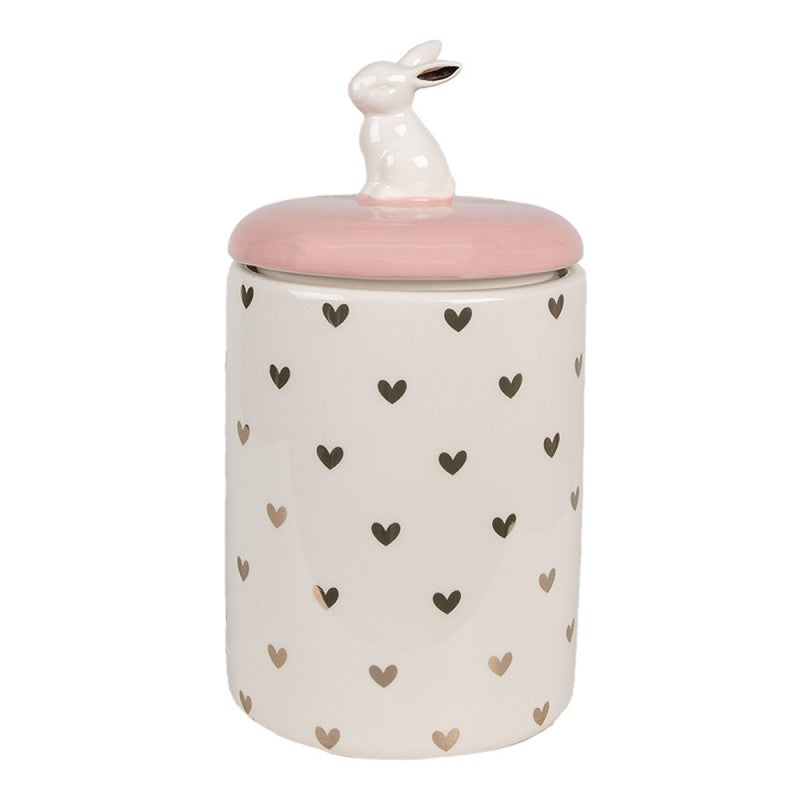 Barattolo bianco e rosa con coniglietto e cuori in ceramica Clayre & Eef