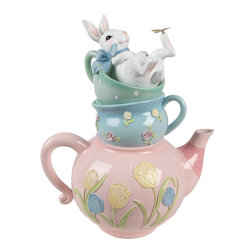 CLAYRE & EEF Coniglietto con Fiocco Celeste su Teiera Rosa e Tazze in Resina
