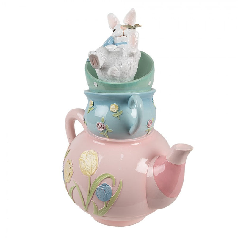 CLAYRE & EEF Coniglietto con Fiocco Celeste su Teiera Rosa e Tazze in Resina