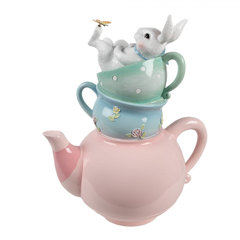 CLAYRE & EEF Coniglietto con Fiocco Celeste su Teiera Rosa e Tazze in Resina