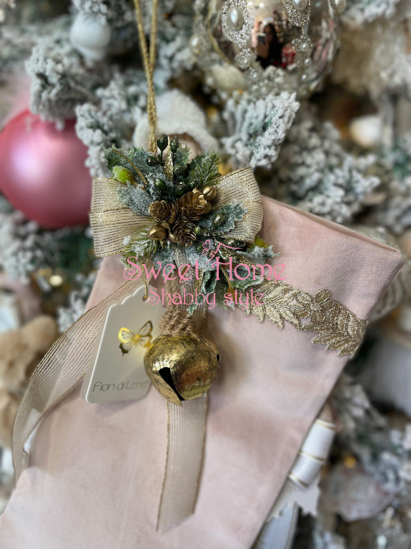 FIORI DI LENA Calza Natalizia in Velluto Rosa con Campanello