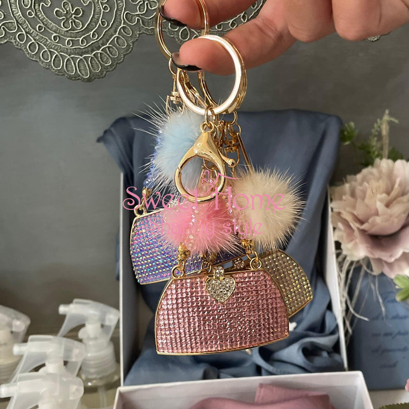 FIORI DI LENA Portachiavi Borsetta Con Strass e Ponpon