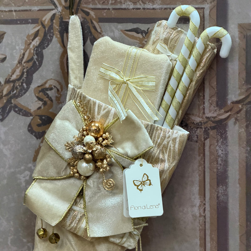 FIORI DI LENA Calza Natalizia Avorio E Dorato Con Fiocco Pacchetti Regalo E Bastoncini Decorativi H 60 Cm