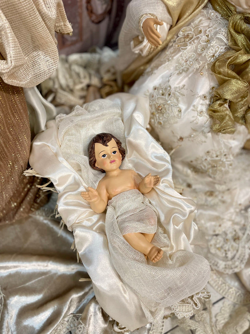 FIORI DI LENA Sacra Famiglia Natività con Abiti Avorio e Dorato 3 pezzi