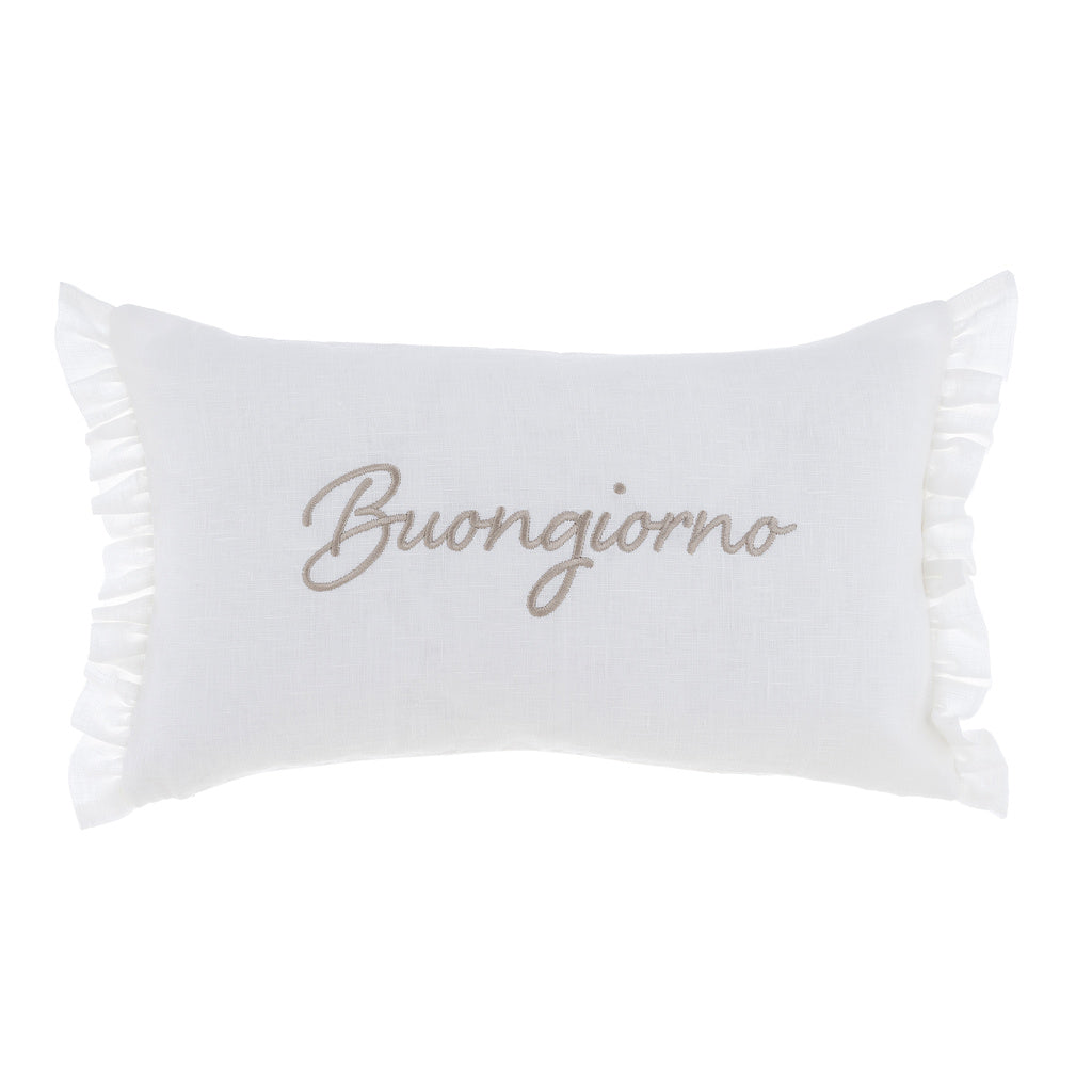Cuscino arredo con gala Buongiorno - Buonanotte in lino Made in Italy Blanc Mariclò