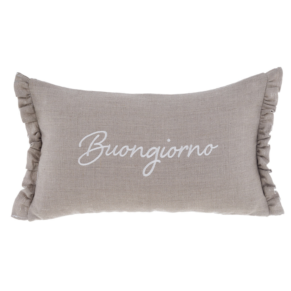 Cuscino arredo con gala Buongiorno - Buonanotte in lino Made in Italy Blanc Mariclò