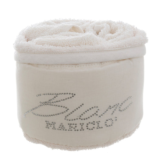 Cestino con 3 lavette avorio in cotone e logo swarovski Blanc Mariclò