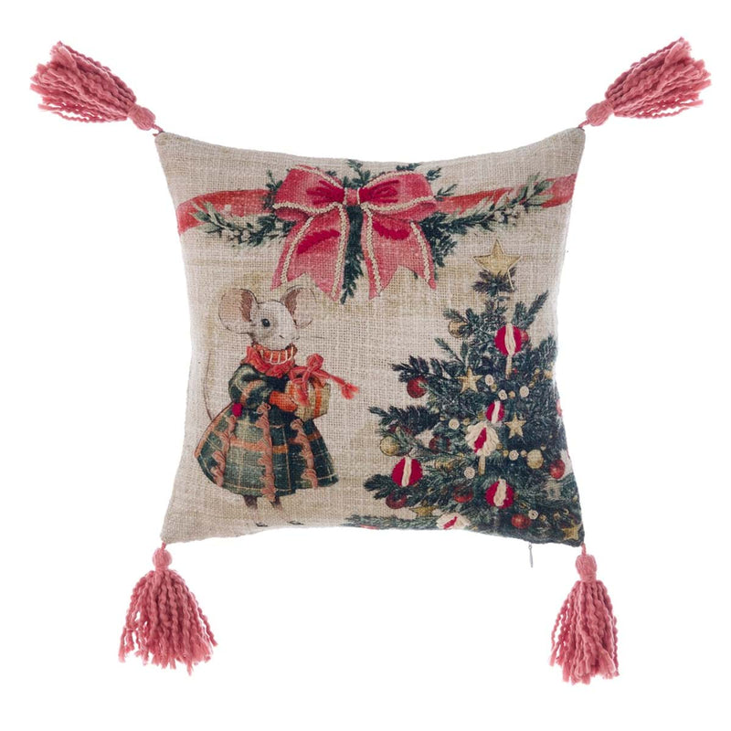 BLANC MARICLÒ Cuscino Stampato e Ricamato con Topina e Nappe " FAVOLA DI NATALE "
