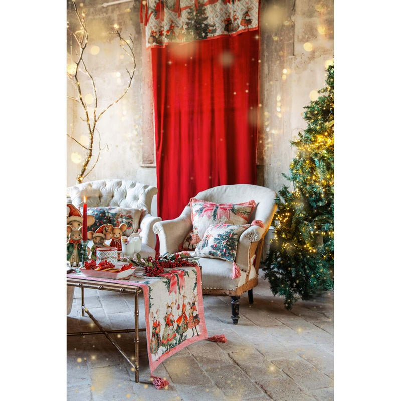 BLANC MARICLÒ Runner Ricamato con Nappe e Topine " FAVOLA DI NATALE "