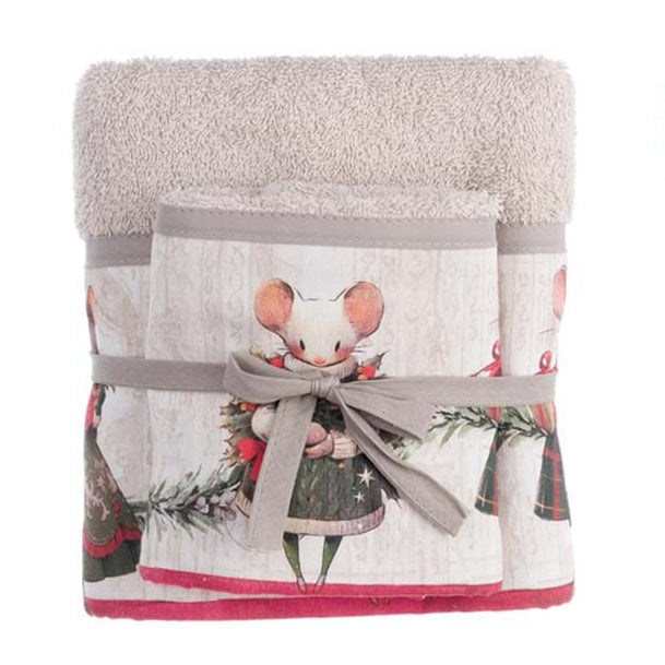 BLANC MARICLÒ Coppia Asciugamani con Topine o Fiocco" FAVOLA DI NATALE "