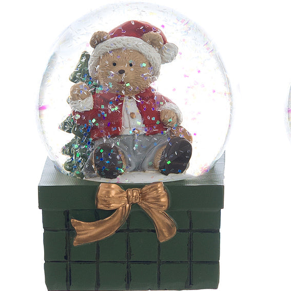 BLANC MARICLÒ Sfera Natalizia su Pacco Regalo con Orsetto e Neve Glitterata