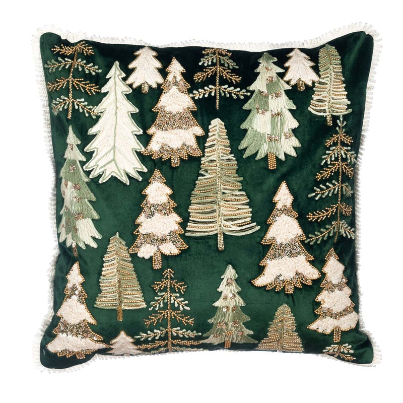 BLANC MARICLÒ Cuscino Quadrato in Velluto con Alberi e Applicazione di Corallini