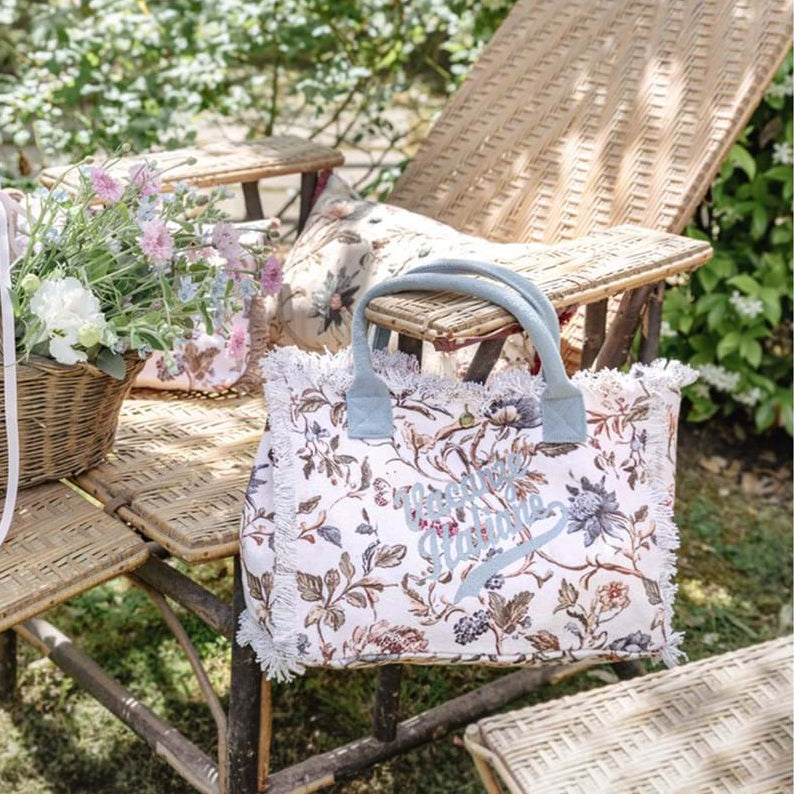 BLANC MARICLÒ Borsa in Cotone con Stampa Floreale e Scritta "MOCHA MOUSSE"