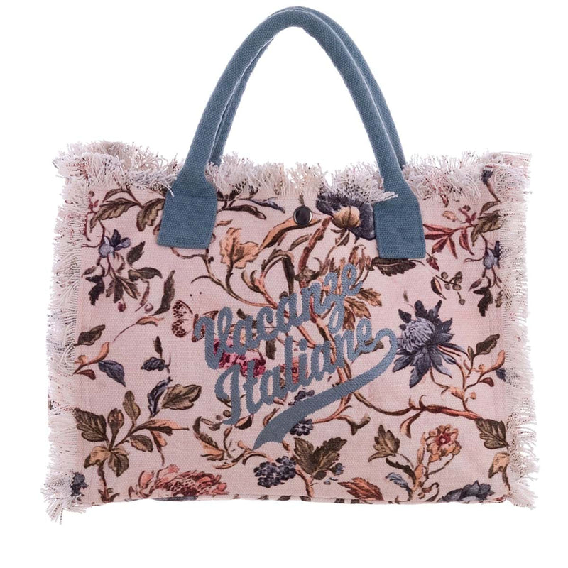 BLANC MARICLÒ Borsa in Cotone con Stampa Floreale e Scritta "MOCHA MOUSSE"