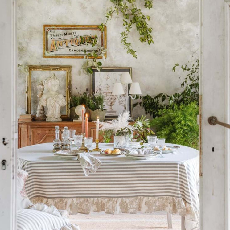 BLANC MARICLÒ Tovaglia a Righe con Gala Fantasia Toile de Jouy