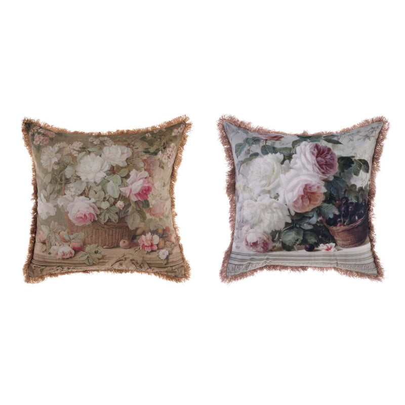 BLANC MARICLÒ Cuscino in Velluto con Frange e Rose "ROSE COLLECTIONE"