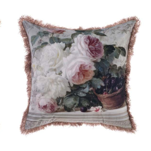 BLANC MARICLÒ Cuscino in Velluto con Frange e Rose "ROSE COLLECTIONE"
