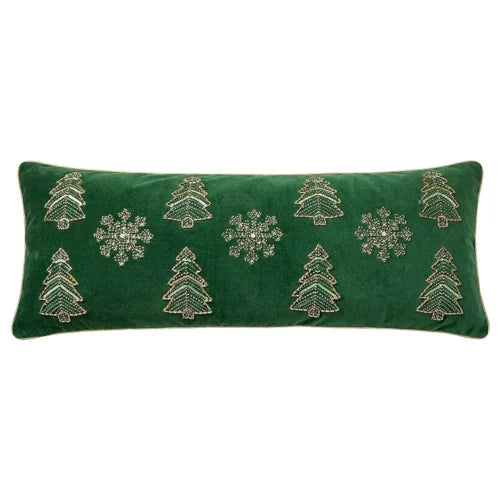BLANC MARICLÒ Cuscino Natalizio Verde Effetto Velluto Con Ricami Dorati 35 × 90 Cm