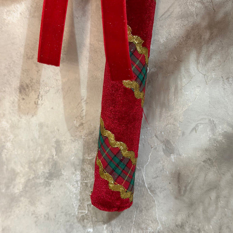 FIORI DI LENA Candy Cane Bastoncino Natalizio Rosso Tartan Con Fiocco Bacche E Campanelli Dorati 21 Cm