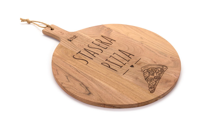 NUVOLE DI STOFFA Tagliere in Acacia con Scritta " Stasera Pizza "