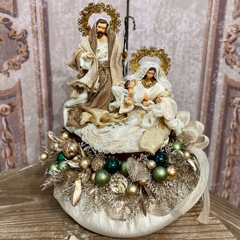 FIORI DI LENA Pouf Natalizio in Seta con Natività e Sferette Verdi 36cm