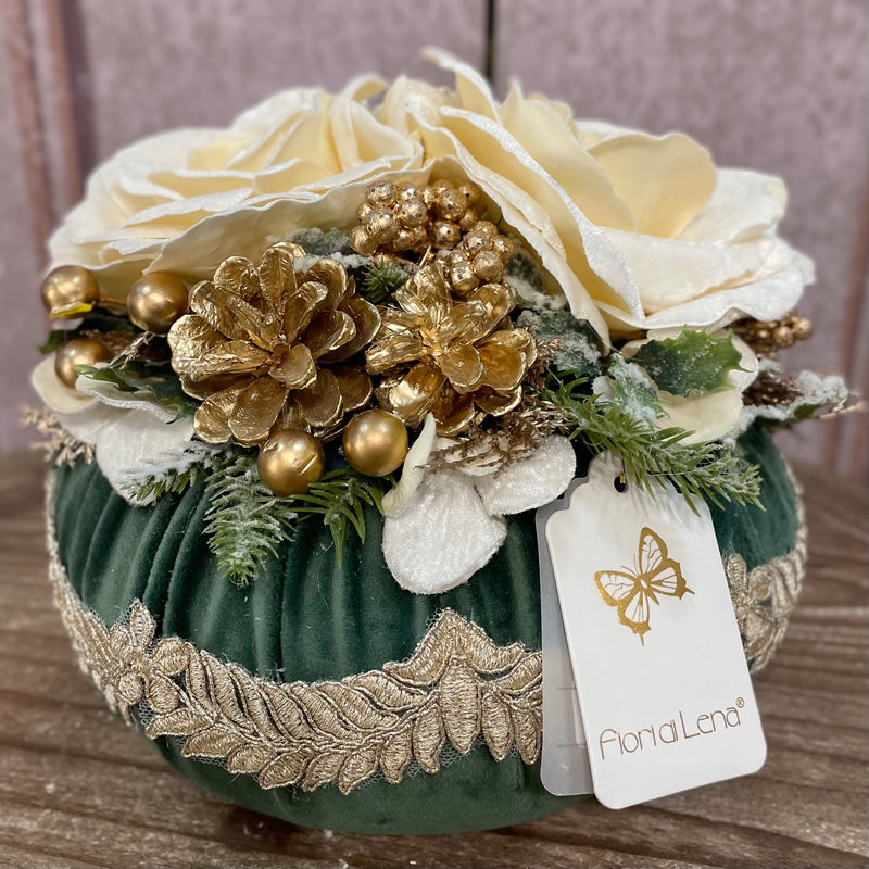 FIORI DI LENA Pouf Natalizio Verde Inglese 2 Rose in Velluto con Pizzo