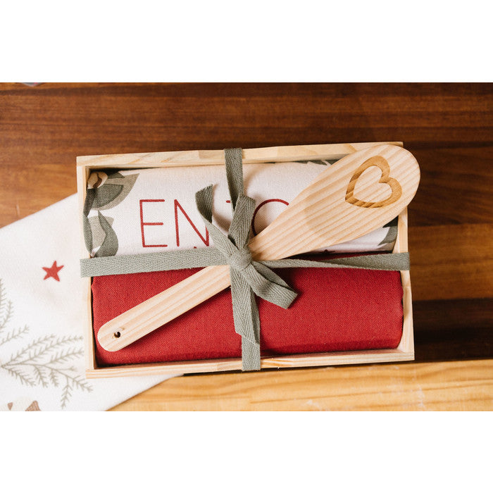 NUVOLE DI STOFFA Cesto in Legno con 2 Canovacci Natalizi e Cucchiaio