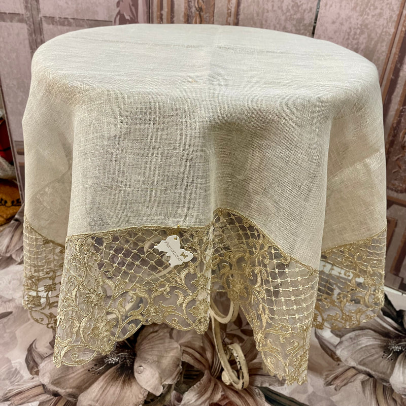 FIORI DI LENA Copritavolo in Lino Bisso con Pizzo Retato Dorato 120cm