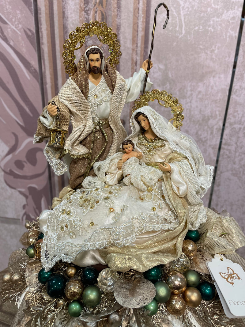 FIORI DI LENA Pouf Natalizio in Seta con Natività e Sferette Verdi