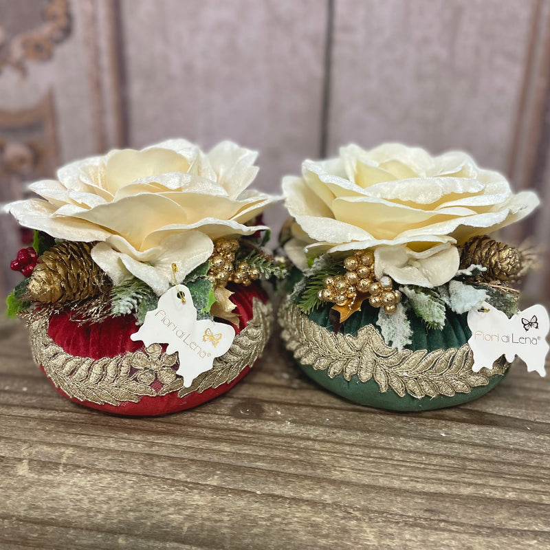 FIORI DI LENA Pouf Natalizio Rosso - Verdone e Rosa in Velluto con Pizzo