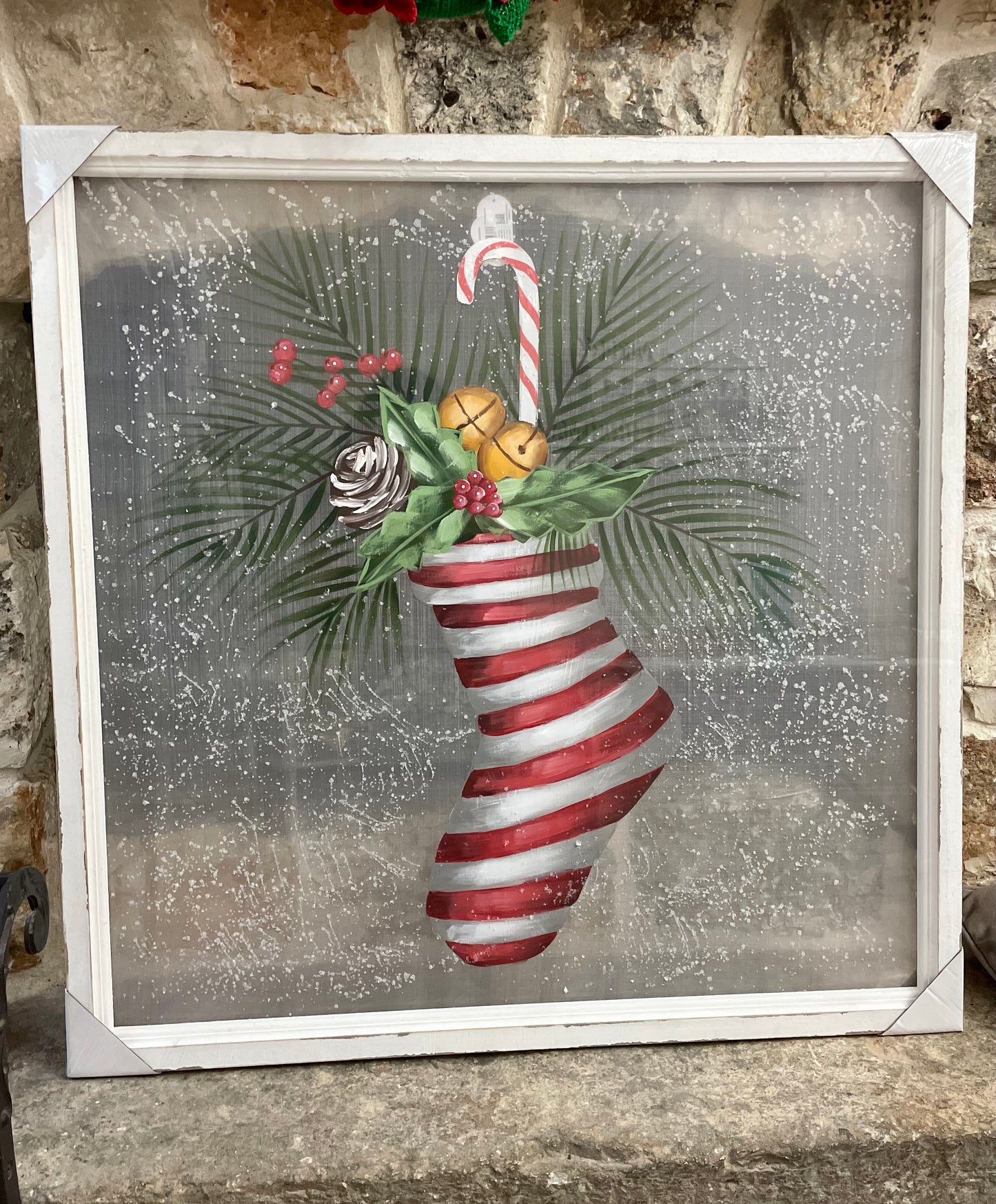 Quadro di Natale con calza in tela dipinta con cornice legno Nuvole di stoffa