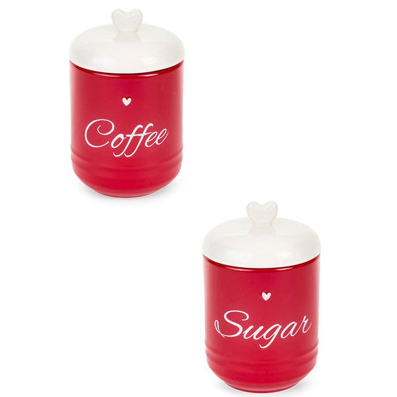 NUVOLE DI STOFFA Set 2 Barattoli Rossi in Porcellana con Scritta Coffe/Sugar