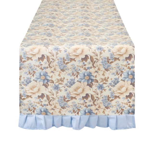 NUVOLE DI STOFFA Runner Plastificato con Fiori "CELESTE AZZURRO"