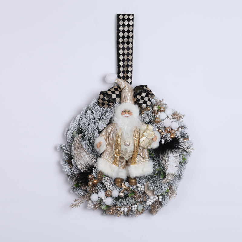 FIORI DI LENA Ghirlanda Natalizia Innevata con Babbo Natale e Fiocco Nero e Dorato