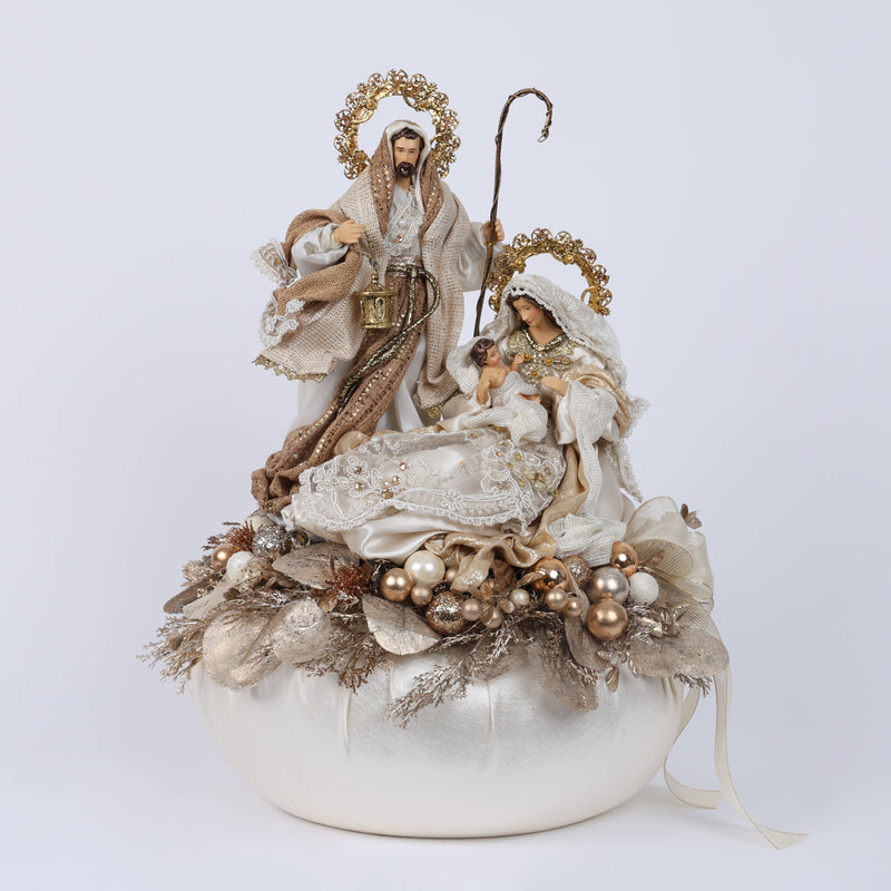 FIORI DI LENA Pouf Natalizio Avorio in Seta con Natività e Sferette