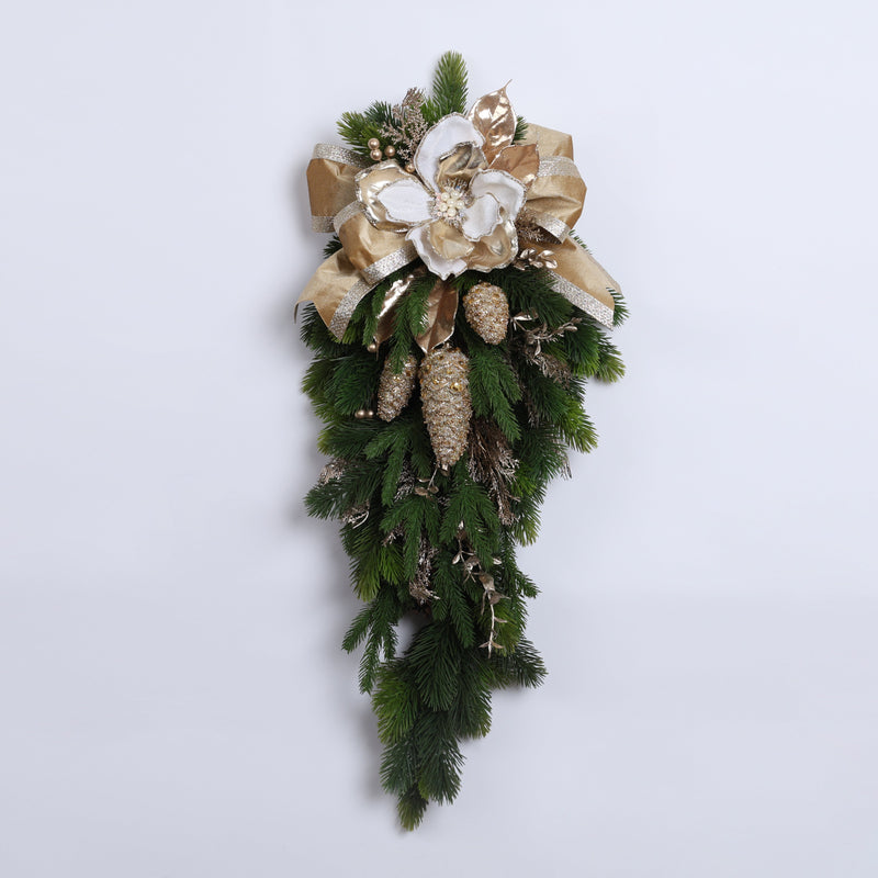 FIORI DI LENA Fuoriporta Natalizio Dorato con Magnolia e Nastro in Velluto
