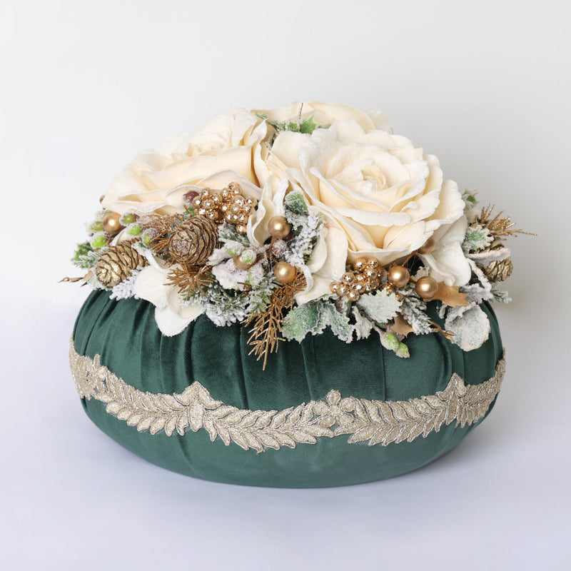 FIORI DI LENA Pouf Natalizio Verde Inglese 3 Rose in Velluto con Pizzo