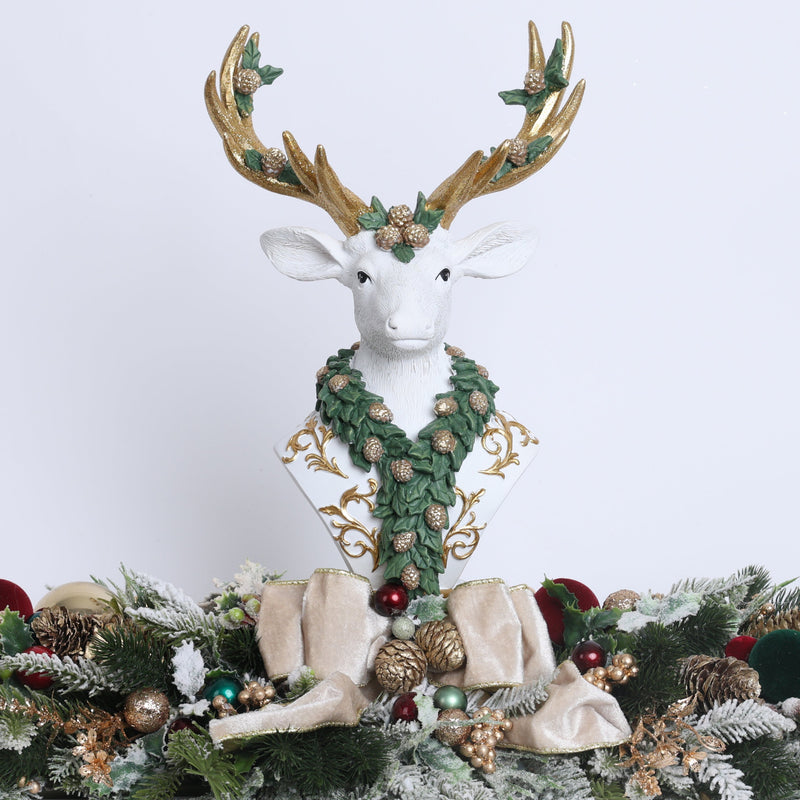 FIORI DI LENA Centrotavola Natalizio Renna Bianca Mezzobusto in Resina con Rami e Sfere