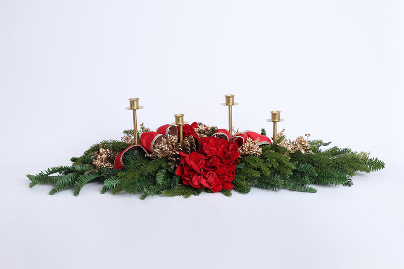 FIORI DI LENA Centrotavola Candeliere Natalizio 4 Fiamme con Nastro in Velluto Rosso