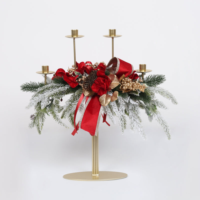 FIORI DI LENA Candeliere Natalizio Dorato 4 Fiamme con Nastro in Velluto Rosso