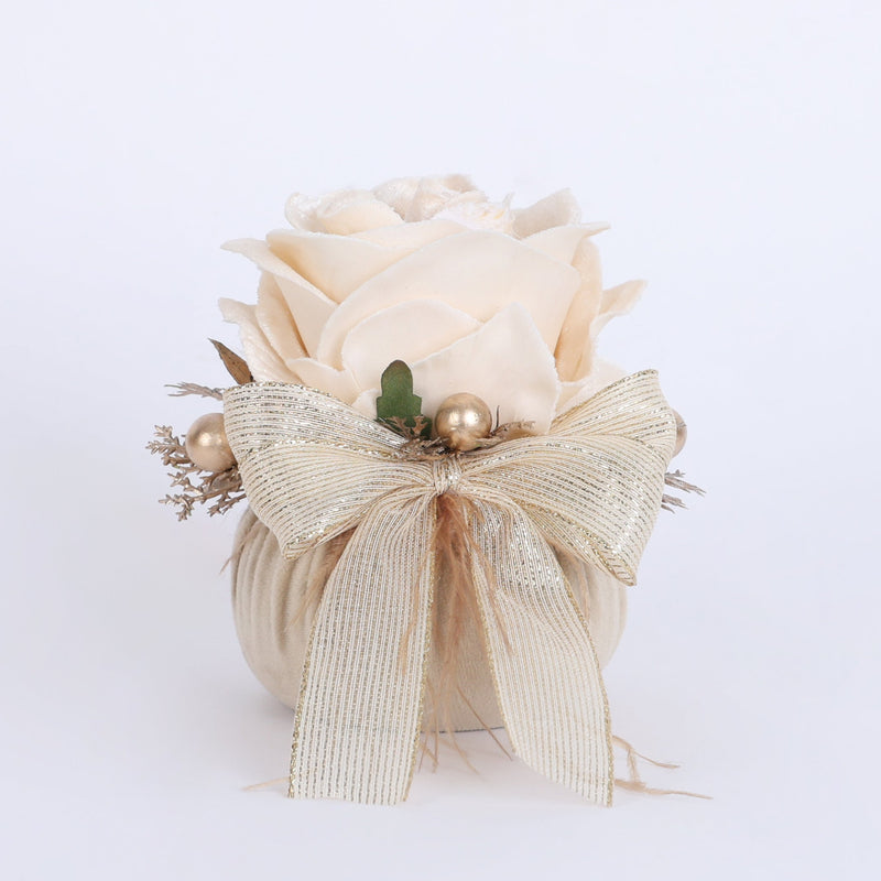 FIORI DI LENA Pouf in Velluto Nocciola con Bocciolo e Fiocco