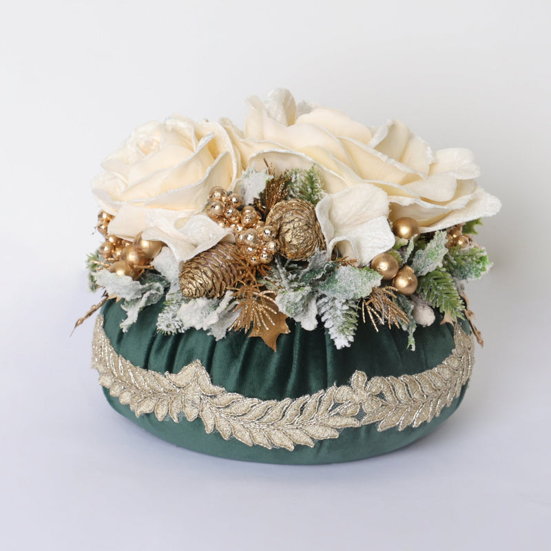 FIORI DI LENA Pouf Natalizio Verde Inglese 2 Rose in Velluto con Pizzo