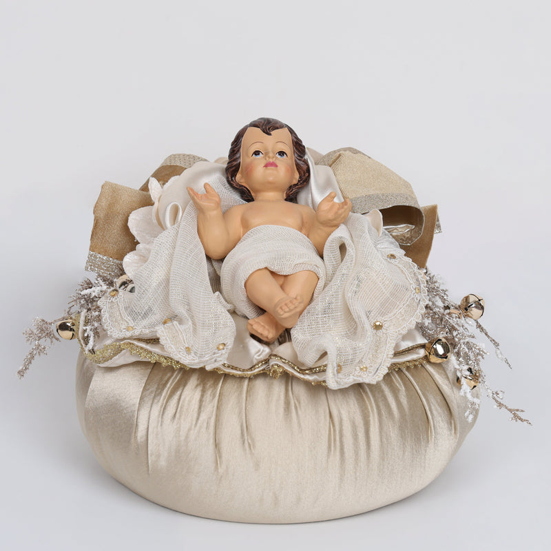 FIORI DI LENA Pouf Natalizio Nocciola in Seta con Bambinello e Campanelle