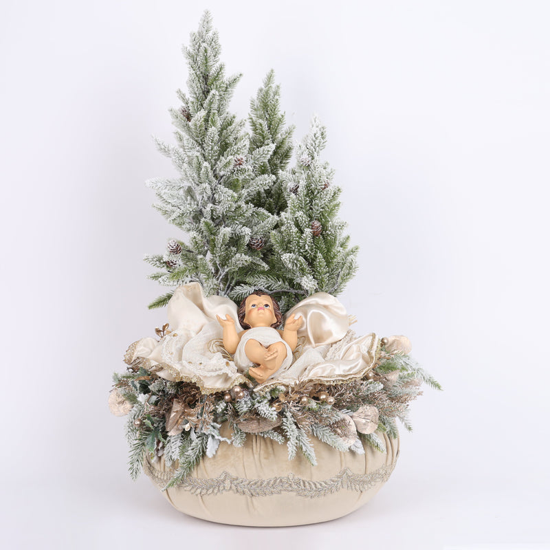 FIORI DI LENA Pouf Nocciola in Velluto con 3 Alberi e Bambinello