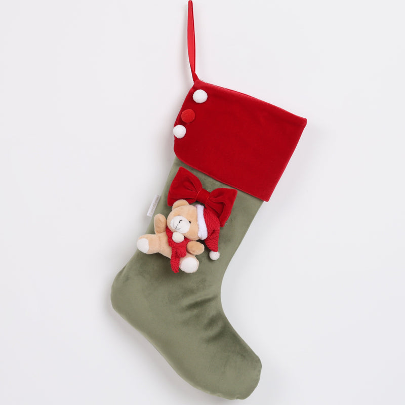 FIORI DI LENA Calza Natalizia Verde e Rossa In Velluto Con Orsetto