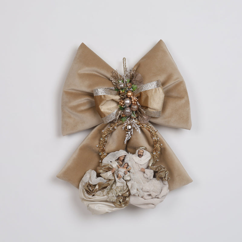FIORI DI LENA Fiocco Natalizio in Velluto Nocciola con Natività Avorio