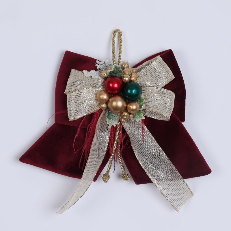 FIORI DI LENA Fiocco Natalizio Amaranto in Velluto con Nastro e Sferette