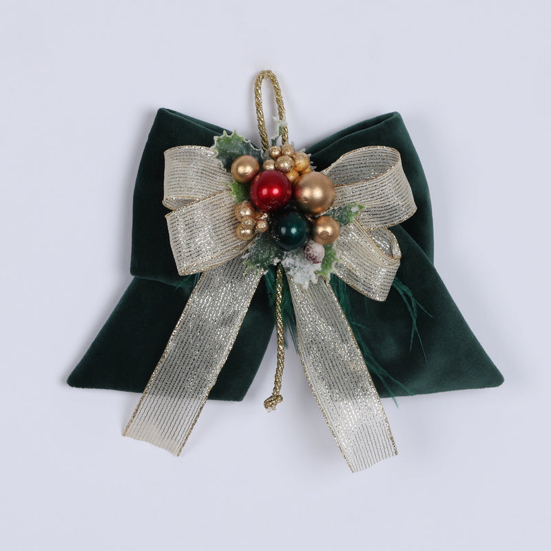 FIORI DI LENA Fiocco Natalizio Verde Inglese in Velluto con Nastro e Sferette