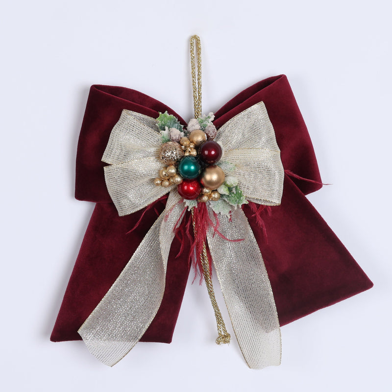 FIORI DI LENA Fiocco Natalizio Amaranto in Velluto con Nastro e Sferette 20cm