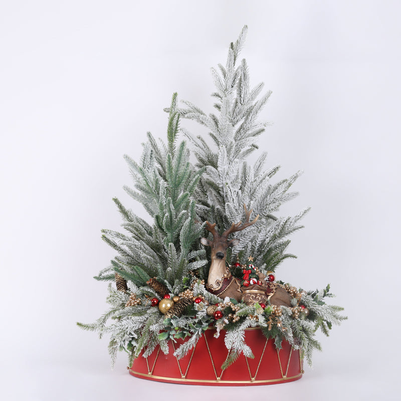 FIORI DI LENA Cesto Tamburello  in Metallo con Paesaggio Natalizio e Renna